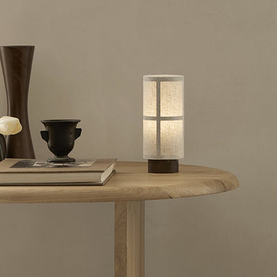 Traditional Japanese Fabric & Wood Cylindrical 1-Light Table Lamp For Bedroom