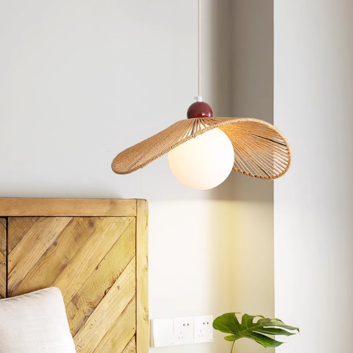 Contemporary Retro Iron Rattan &amp; Glass Hat-Shaped 1-Light Pendant Light For Living Room