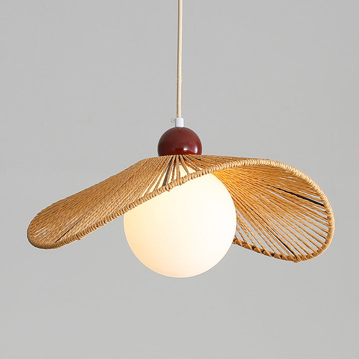 Contemporary Retro Iron Rattan &amp; Glass Hat-Shaped 1-Light Pendant Light For Living Room