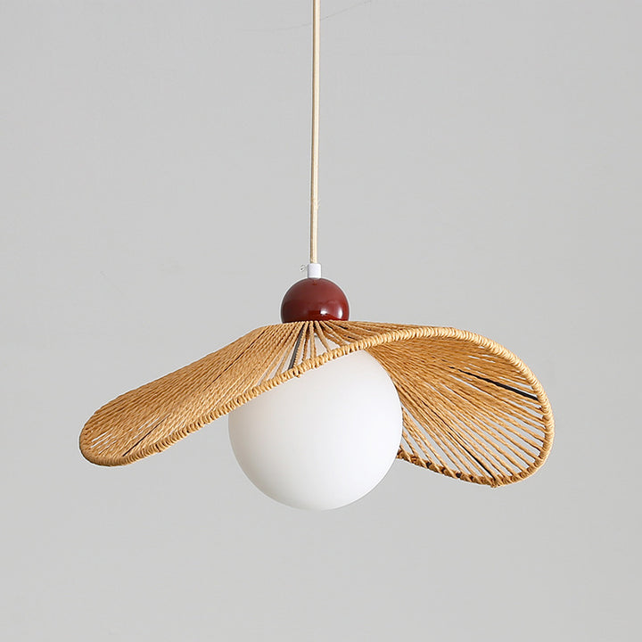 Contemporary Retro Iron Rattan &amp; Glass Hat-Shaped 1-Light Pendant Light For Living Room