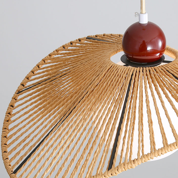 Contemporary Retro Iron Rattan &amp; Glass Hat-Shaped 1-Light Pendant Light For Living Room