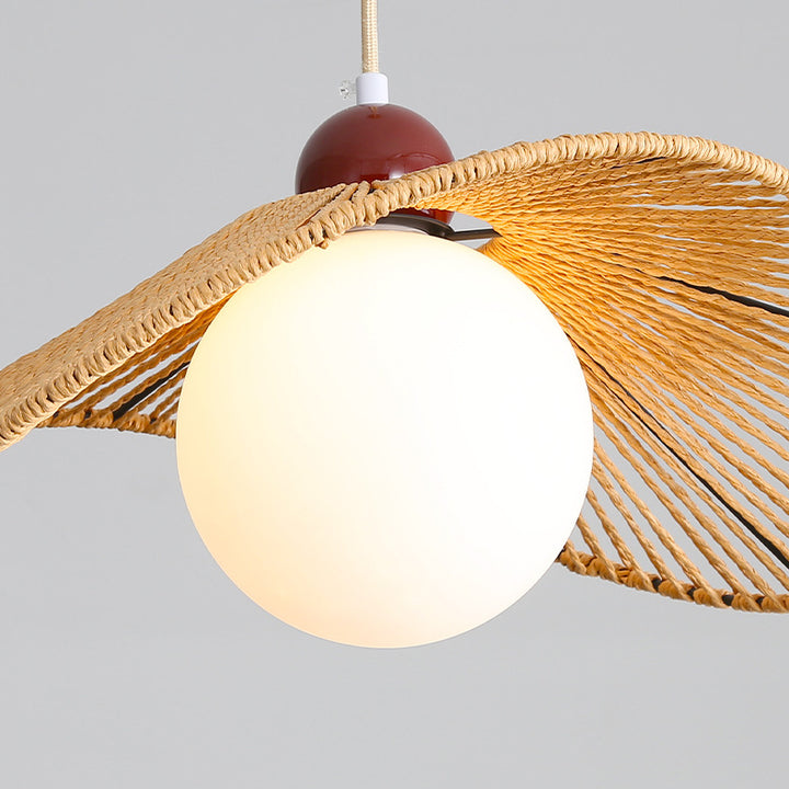 Contemporary Retro Iron Rattan &amp; Glass Hat-Shaped 1-Light Pendant Light For Living Room