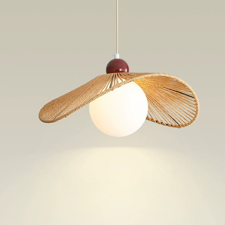 Contemporary Retro Iron Rattan &amp; Glass Hat-Shaped 1-Light Pendant Light For Living Room