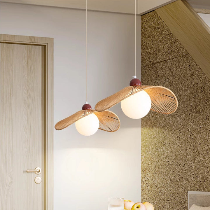 Contemporary Retro Iron Rattan &amp; Glass Hat-Shaped 1-Light Pendant Light For Living Room