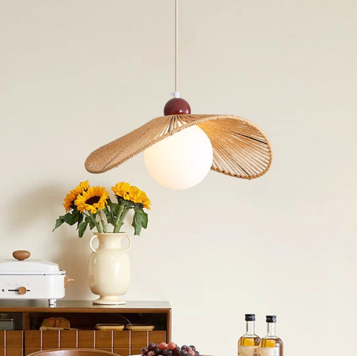 Contemporary Retro Iron Rattan &amp; Glass Hat-Shaped 1-Light Pendant Light For Living Room