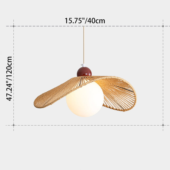 Contemporary Retro Iron Rattan &amp; Glass Hat-Shaped 1-Light Pendant Light For Living Room