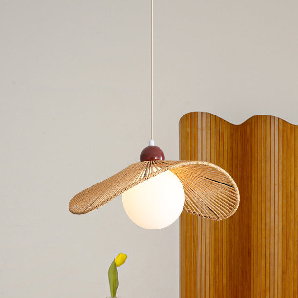 Contemporary Retro Iron Rattan &amp; Glass Hat-Shaped 1-Light Pendant Light For Living Room