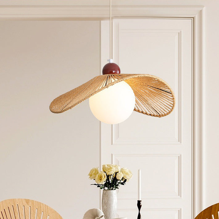 Contemporary Retro Iron Rattan &amp; Glass Hat-Shaped 1-Light Pendant Light For Living Room