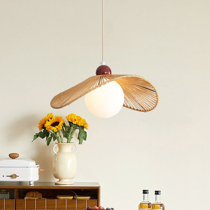 Contemporary Retro Iron Rattan &amp; Glass Hat-Shaped 1-Light Pendant Light For Living Room