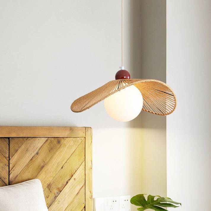 Contemporary Retro Iron Rattan &amp; Glass Hat-Shaped 1-Light Pendant Light For Living Room