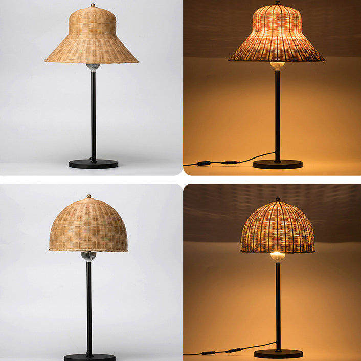 モダンアートデコアイアン＆バンブーラウンドハット型LEDテーブルランプ（ベッドルーム用） 