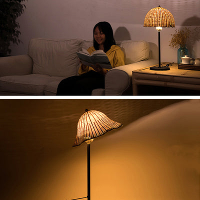 モダンアートデコアイアン＆バンブーラウンドハット型LEDテーブルランプ（ベッドルーム用） 