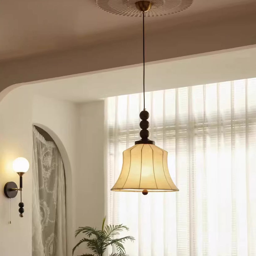 Modern Mid-Century Wood &amp; Fabric Round Floral 1-Light Pendant Light For Living Room