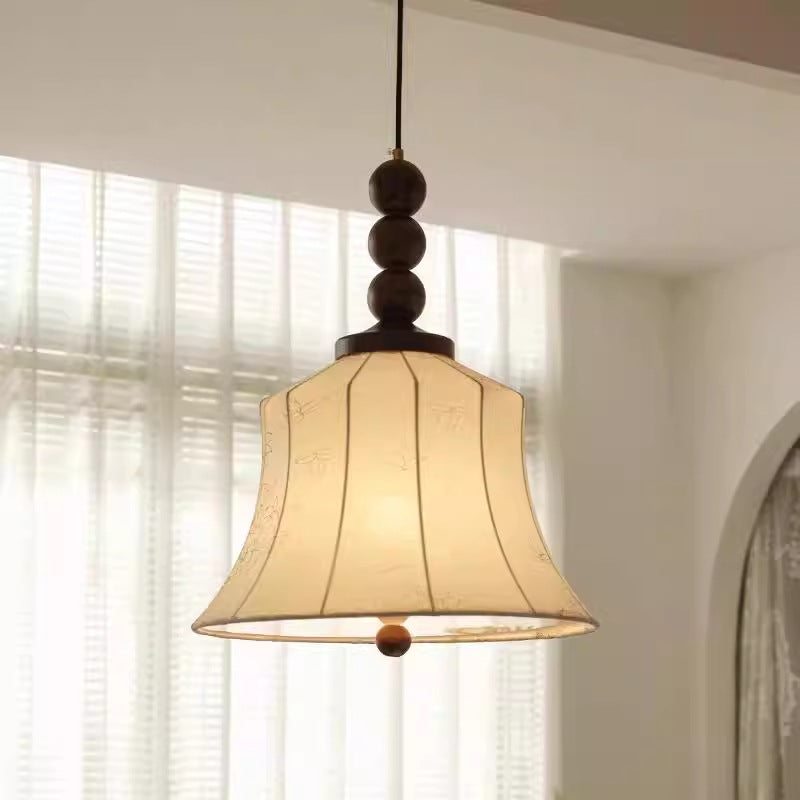 Modern Mid-Century Wood &amp; Fabric Round Floral 1-Light Pendant Light For Living Room