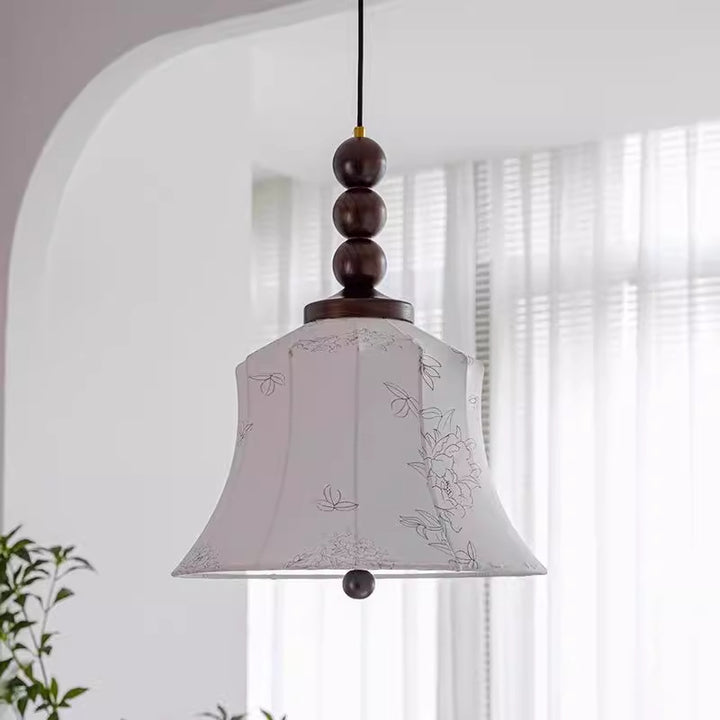 Modern Mid-Century Wood &amp; Fabric Round Floral 1-Light Pendant Light For Living Room