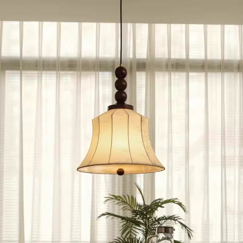 Modern Mid-Century Wood &amp; Fabric Round Floral 1-Light Pendant Light For Living Room