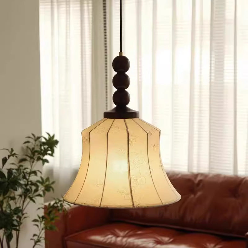 Moderne Mid-Century Holz & Stoff Runde Blumen 1-Licht Pendelleuchte für Wohnzimmer 