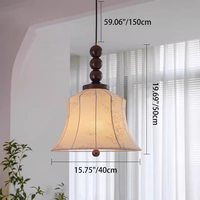 Modern Mid-Century Wood &amp; Fabric Round Floral 1-Light Pendant Light For Living Room