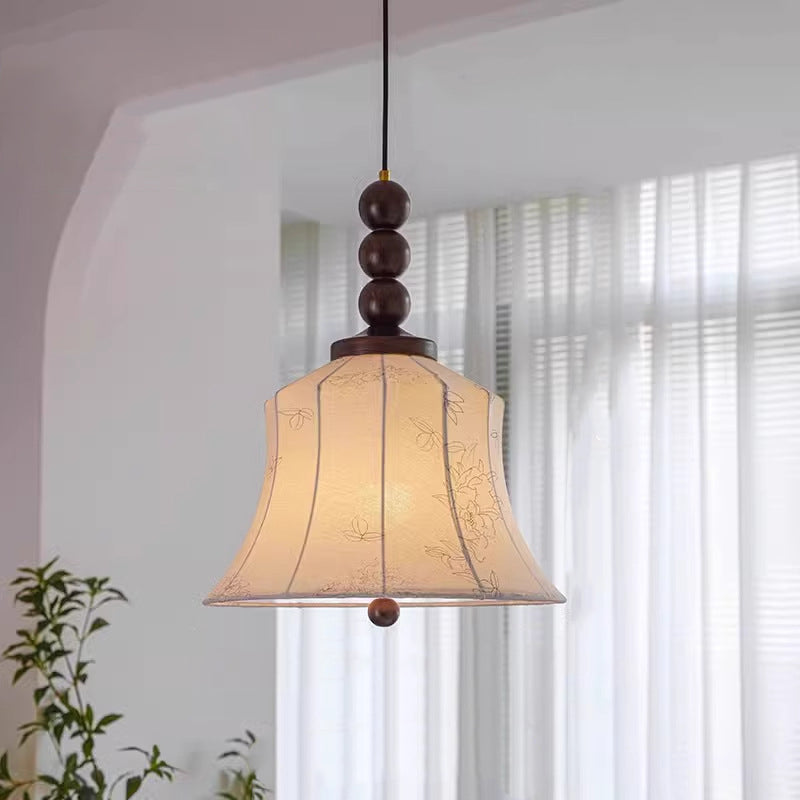 Modern Mid-Century Wood &amp; Fabric Round Floral 1-Light Pendant Light For Living Room