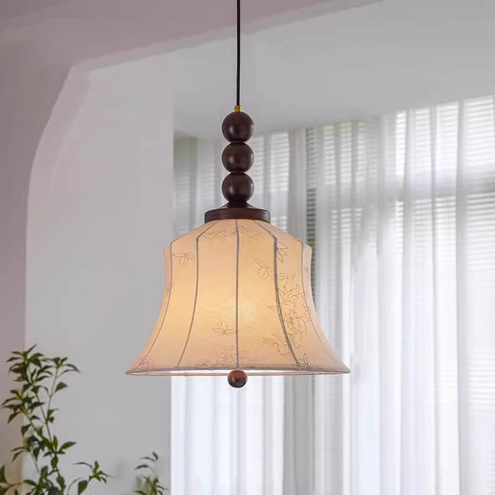 Modern Mid-Century Wood &amp; Fabric Round Floral 1-Light Pendant Light For Living Room