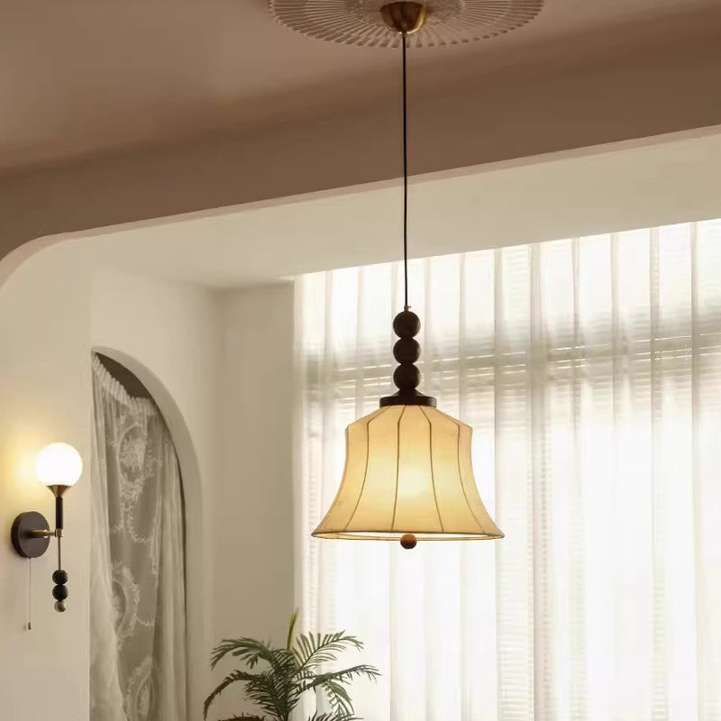 Moderne Mid-Century Holz & Stoff Runde Blumen 1-Licht Pendelleuchte für Wohnzimmer 