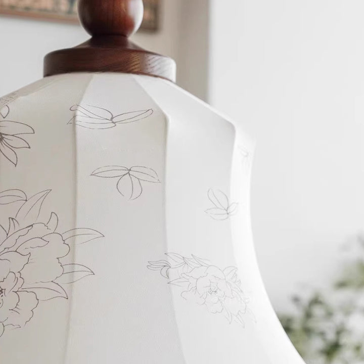 Modern Mid-Century Wood &amp; Fabric Round Floral 1-Light Pendant Light For Living Room