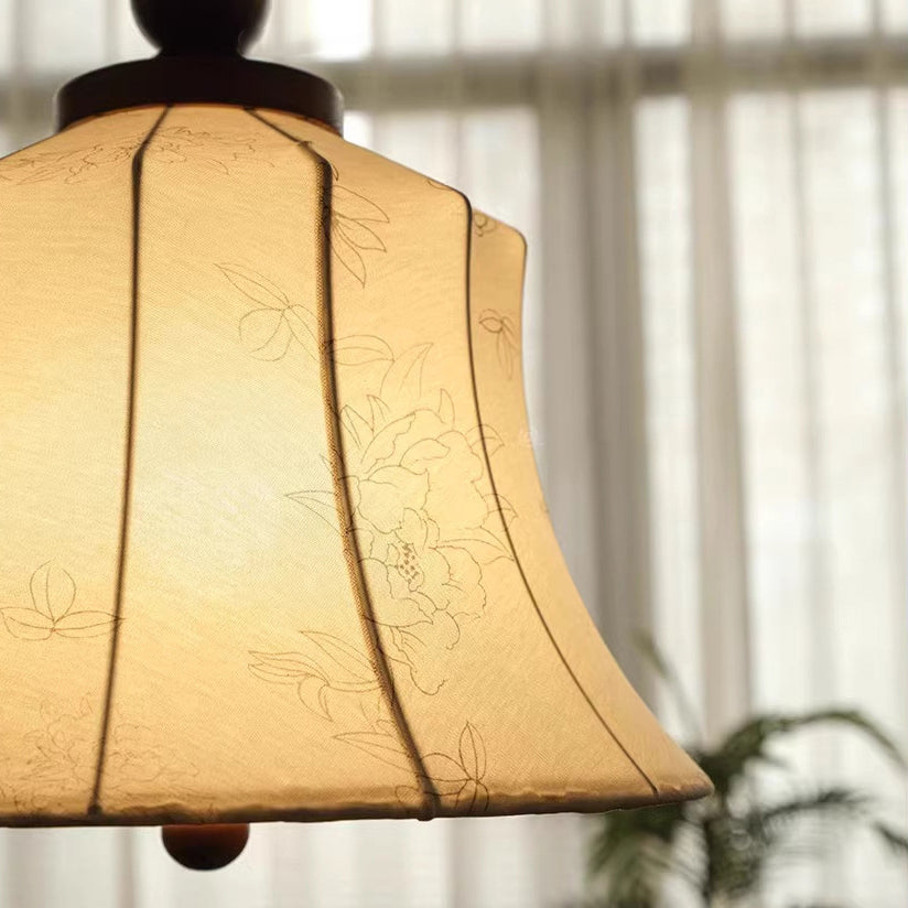 Modern Mid-Century Wood &amp; Fabric Round Floral 1-Light Pendant Light For Living Room