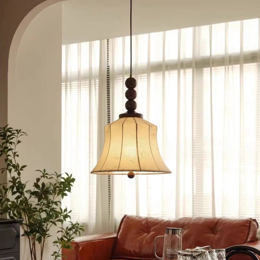 Modern Mid-Century Wood &amp; Fabric Round Floral 1-Light Pendant Light For Living Room