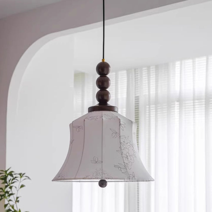 Modern Mid-Century Wood &amp; Fabric Round Floral 1-Light Pendant Light For Living Room