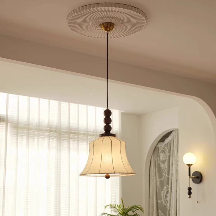 Modern Mid-Century Wood &amp; Fabric Round Floral 1-Light Pendant Light For Living Room