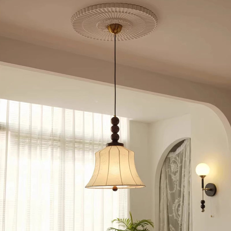 Moderne Mid-Century Holz & Stoff Runde Blumen 1-Licht Pendelleuchte für Wohnzimmer 