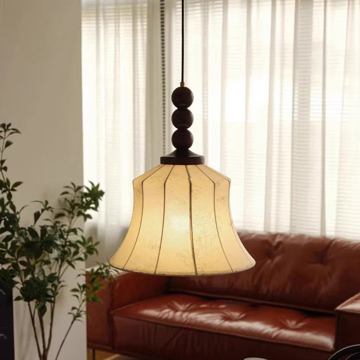 Modern Mid-Century Wood &amp; Fabric Round Floral 1-Light Pendant Light For Living Room