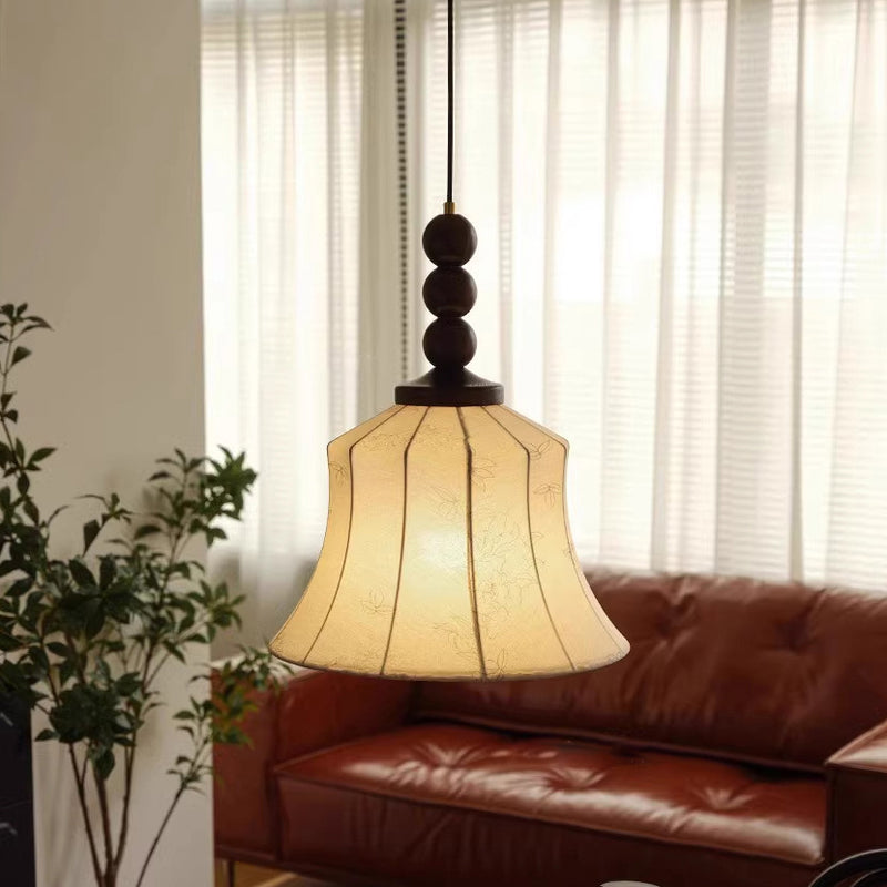 Moderne Mid-Century Holz & Stoff Runde Blumen 1-Licht Pendelleuchte für Wohnzimmer 