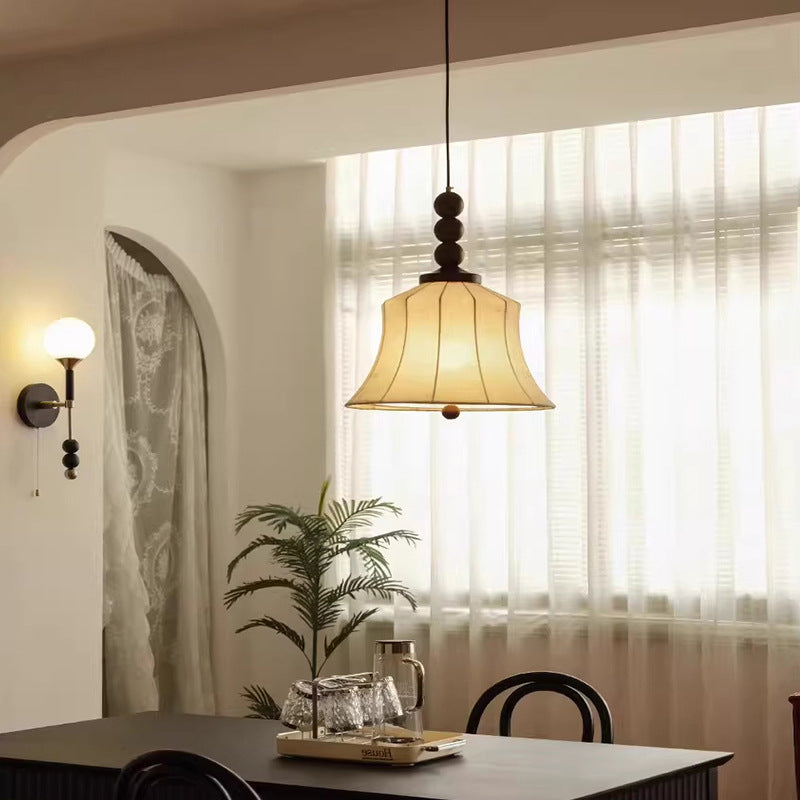 Modern Mid-Century Wood &amp; Fabric Round Floral 1-Light Pendant Light For Living Room