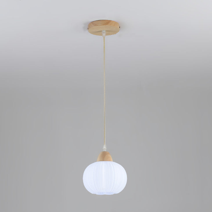 Lustre suspendu rond à 1 lumière en bois massif nordique contemporain et acrylique à rayures florales pour salon 