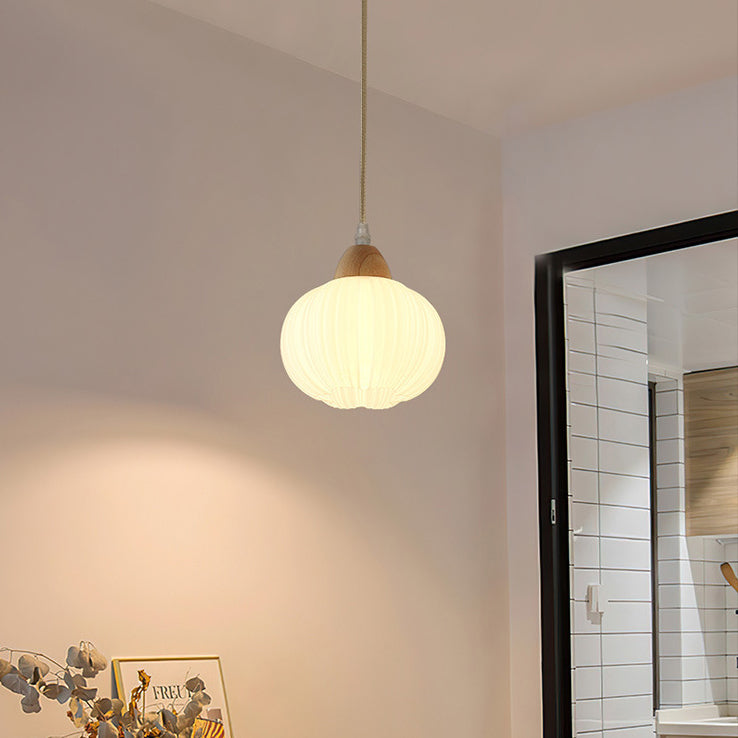 Lustre suspendu rond à 1 lumière en bois massif nordique contemporain et acrylique à rayures florales pour salon 