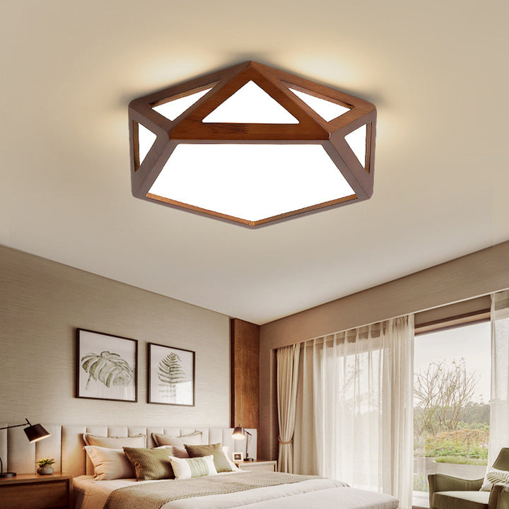 Plafonnier LED hexagonal en bois massif chinois traditionnel et acrylique pour chambre à coucher 