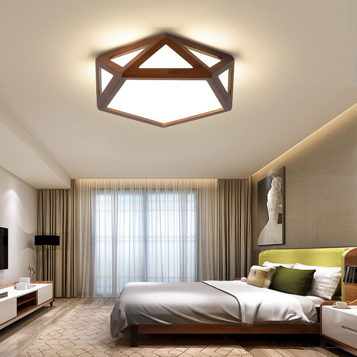 Plafonnier LED hexagonal en bois massif chinois traditionnel et acrylique pour chambre à coucher 