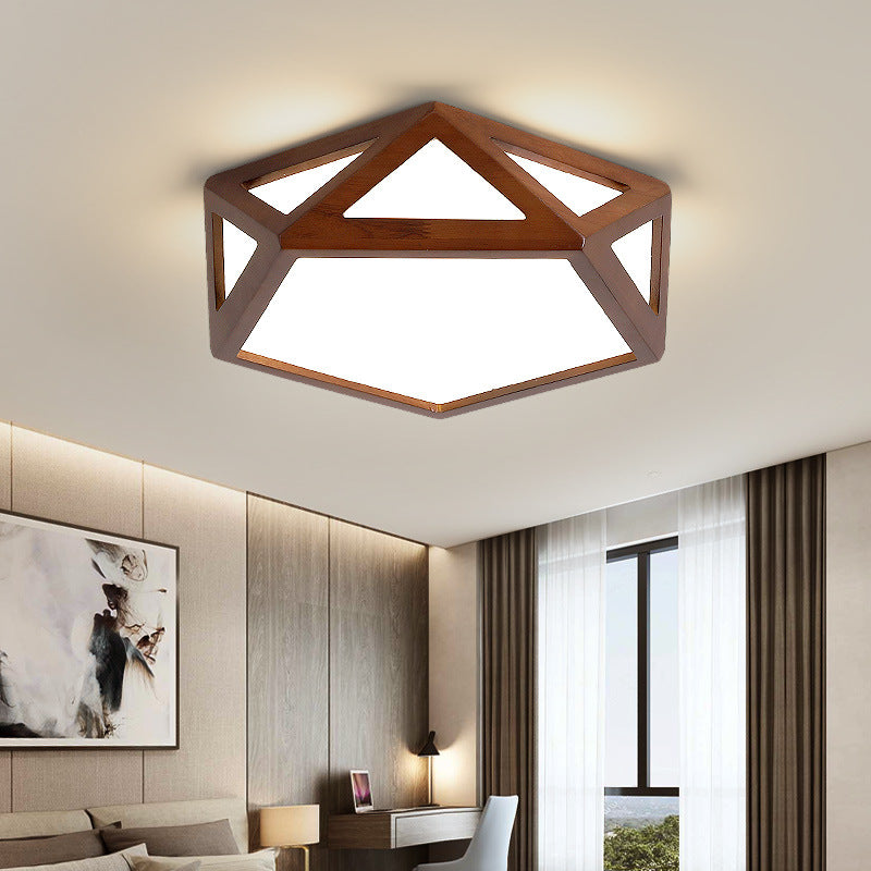 Plafonnier LED hexagonal en bois massif chinois traditionnel et acrylique pour chambre à coucher 