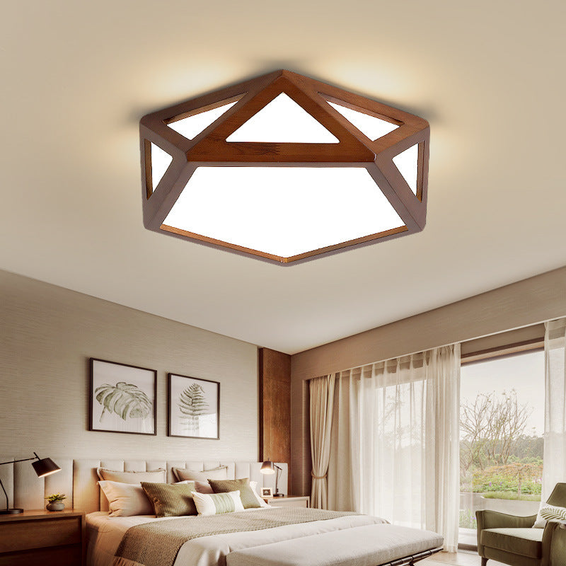 Plafonnier LED hexagonal en bois massif chinois traditionnel et acrylique pour chambre à coucher 