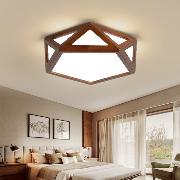 Plafonnier LED hexagonal en bois massif chinois traditionnel et acrylique pour chambre à coucher 