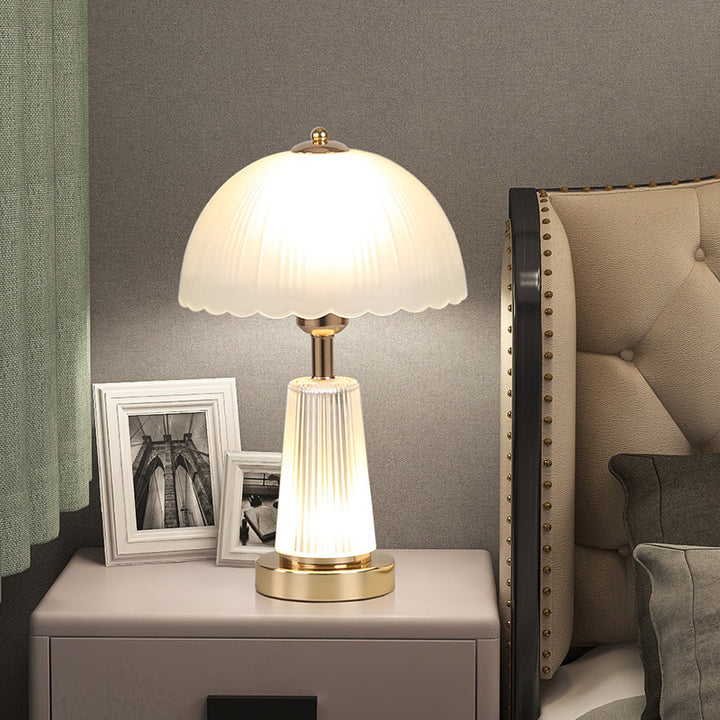 Modern Minimalist Metal Acrylic Glass Striped Cylinder Base Dome Flower 1-Light Table Lamp For Bedroom