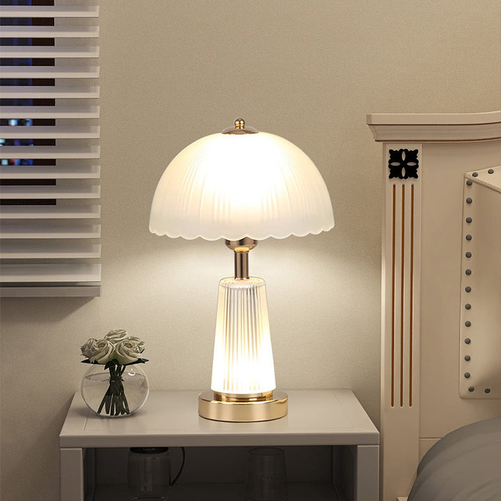 Modern Minimalist Metal Acrylic Glass Striped Cylinder Base Dome Flower 1-Light Table Lamp For Bedroom