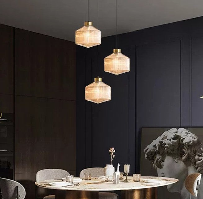 Contemporain Nordique Acier Carbone Verre Texturé Suspension 1-Lumière Pour Salon 