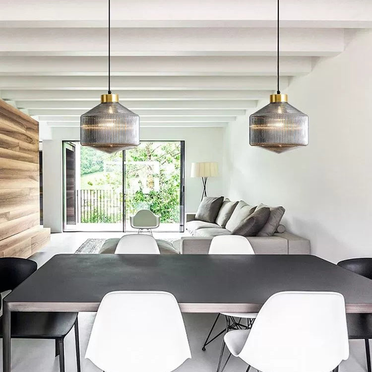 Contemporain Nordique Acier Carbone Verre Texturé Suspension 1-Lumière Pour Salon 