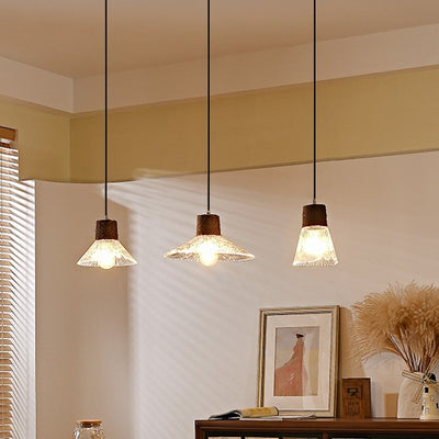 Moderne Mid-Century Messing Holz und Glas Kegel Pendelleuchte für Wohnzimmer 