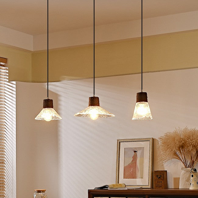 Moderne Mid-Century Messing Holz und Glas Kegel Pendelleuchte für Wohnzimmer 