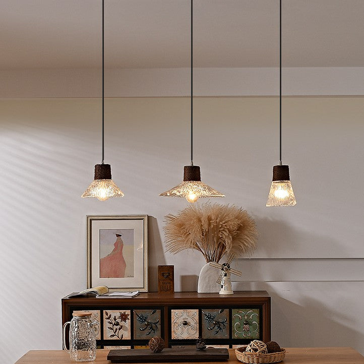 Moderne Mid-Century Messing Holz und Glas Kegel Pendelleuchte für Wohnzimmer 