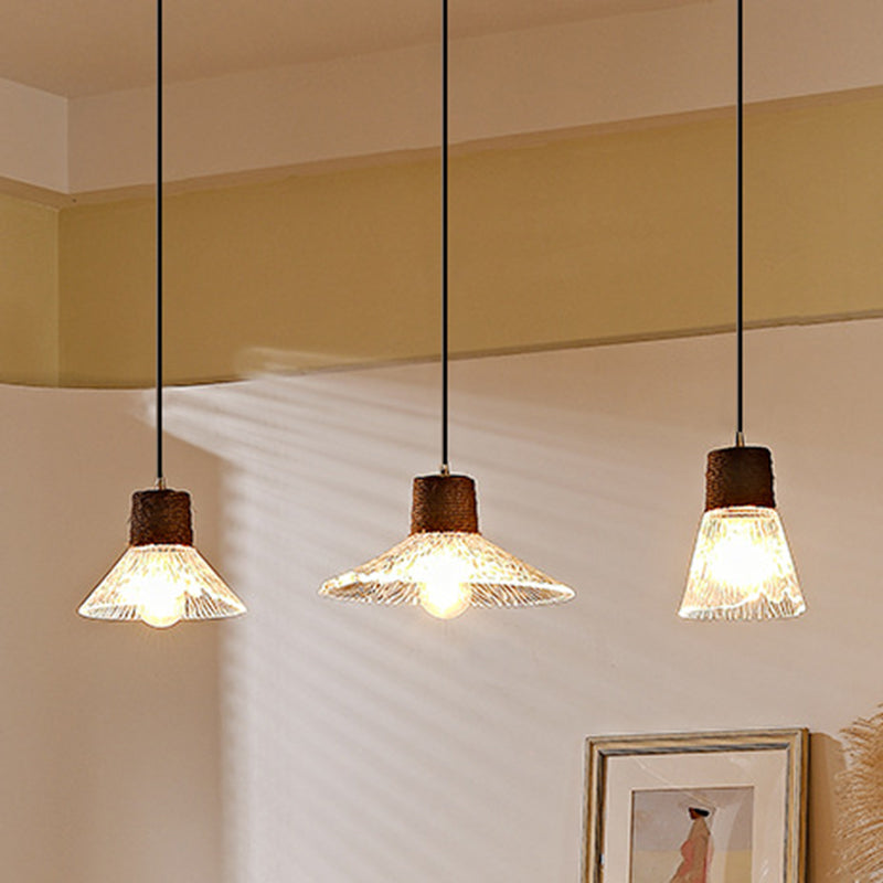 Moderne Mid-Century Messing Holz und Glas Kegel Pendelleuchte für Wohnzimmer 