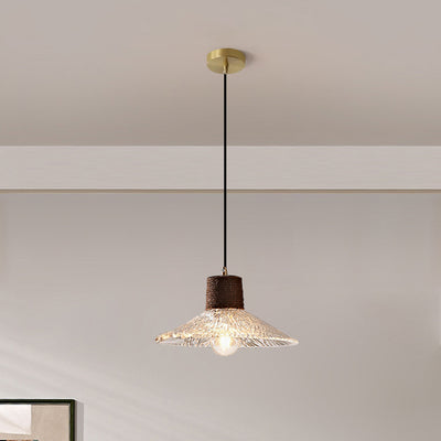 Moderne Mid-Century Messing Holz und Glas Kegel Pendelleuchte für Wohnzimmer 